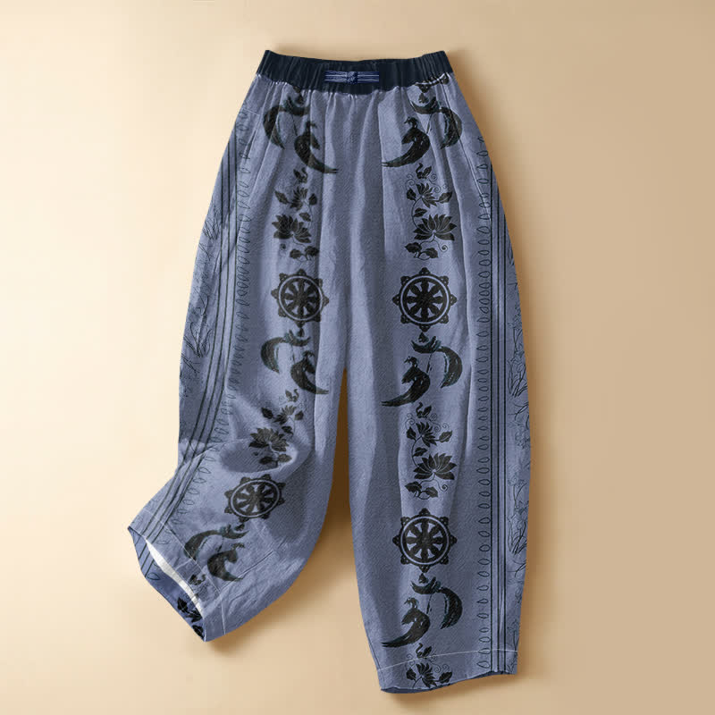 Buddha Stones Pure Cotton Ethnic Dharma Wheel Lotus OM Pattern Frog Button Women's Elastic Waist Harem Pants With Pockets - LightSteelBlue - US16，UK/AU20，EU48 (3XL) - image 0