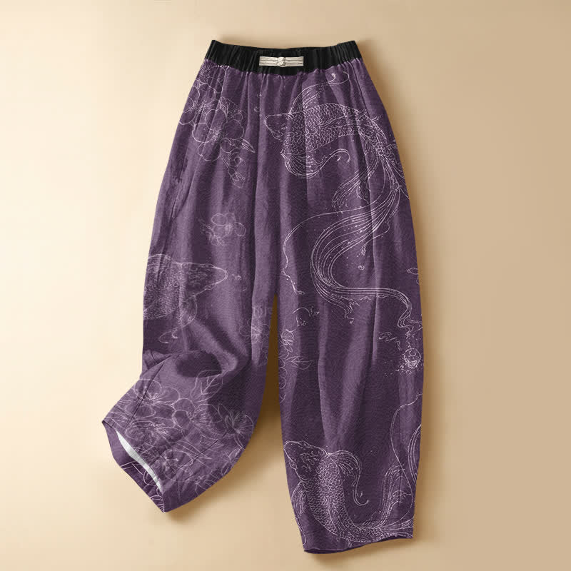 Buddha Stones Pure Cotton Koi Fish Flower Pattern Frog Button Women's Elastic Waist Harem Pants With Pockets - Purple - US16，UK/AU20，EU48 (3XL) - image 5