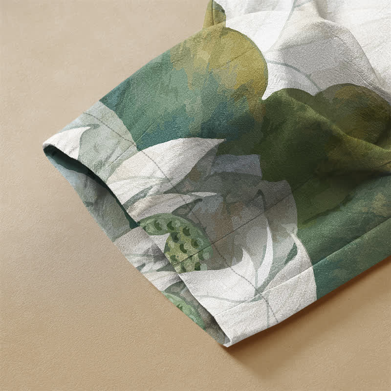 Buddha Stones Pure Cotton Watercolor White Lotus Leaf Pattern Frog Button Women's Elastic Waist Harem Pants With Pockets - image 3