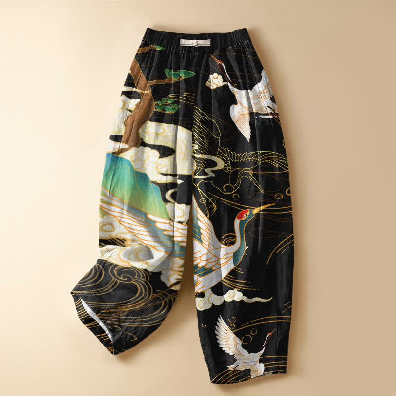 Buddha Stones Pure Cotton Oriental Flying Crane Cloud Pattern Frog Button Women's Elastic Waist Harem Pants With Pockets - Black - US16，UK/AU20，EU48 (3XL) - image 0
