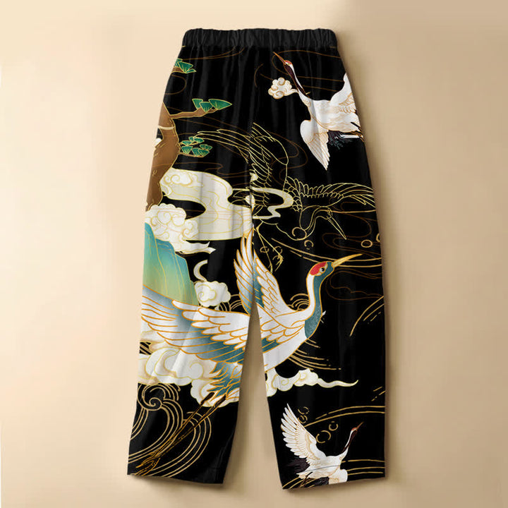 Buddha Stones Pure Cotton Oriental Flying Crane Cloud Pattern Frog Button Women's Elastic Waist Harem Pants With Pockets - image 1