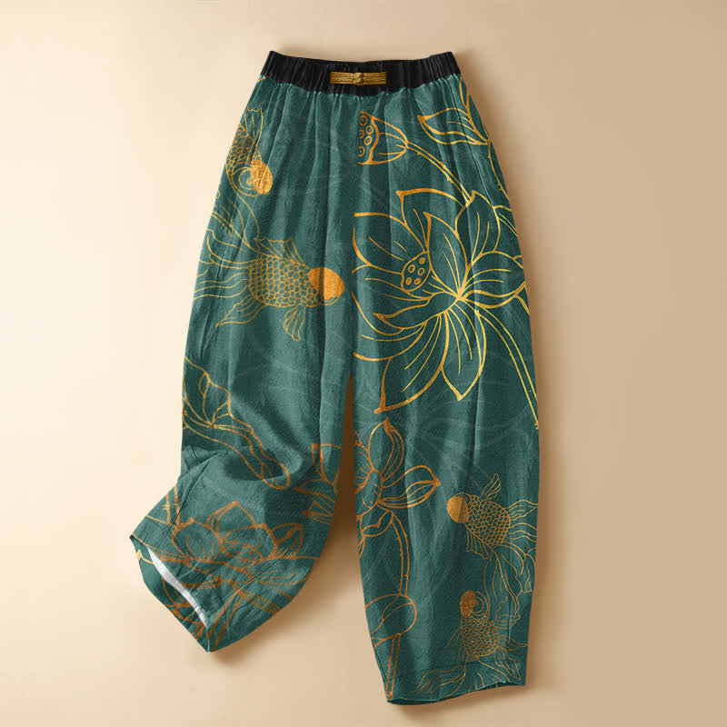 Buddha Stones Pure Cotton Golden Lotus Leaf Koi Fish Pattern Frog Button Women's Elastic Waist Harem Pants With Pockets - Teal - US16，UK/AU20，EU48 (3XL) - image 0
