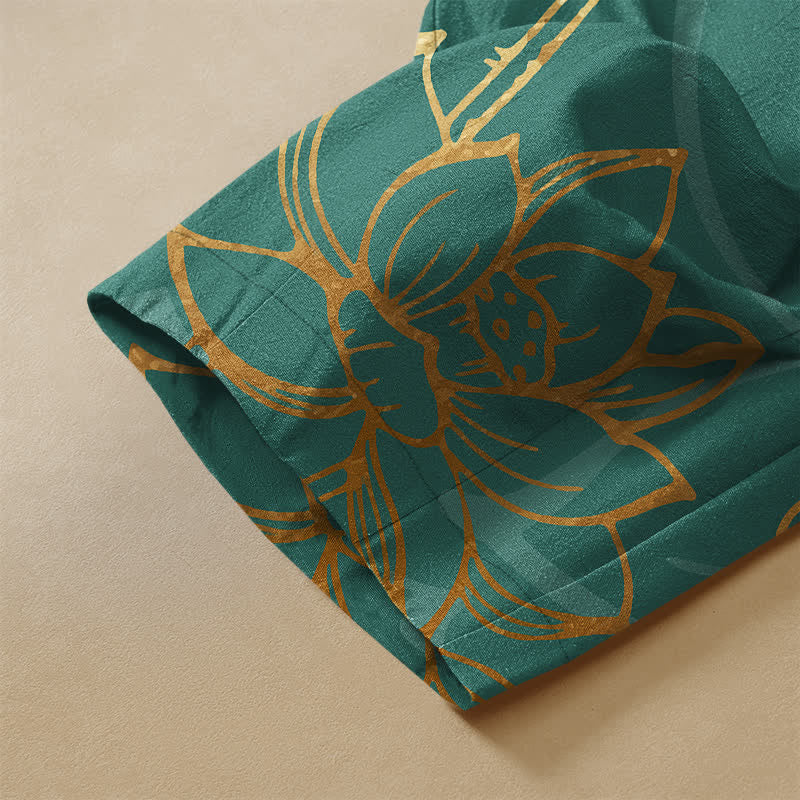 Buddha Stones Pure Cotton Golden Lotus Leaf Koi Fish Pattern Frog Button Women's Elastic Waist Harem Pants With Pockets - image 3