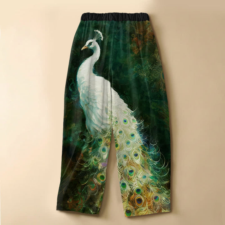 Buddha Stones Pure Cotton White Peacock Pattern Frog Button Women's Elastic Waist Harem Pants With Pockets - image 6