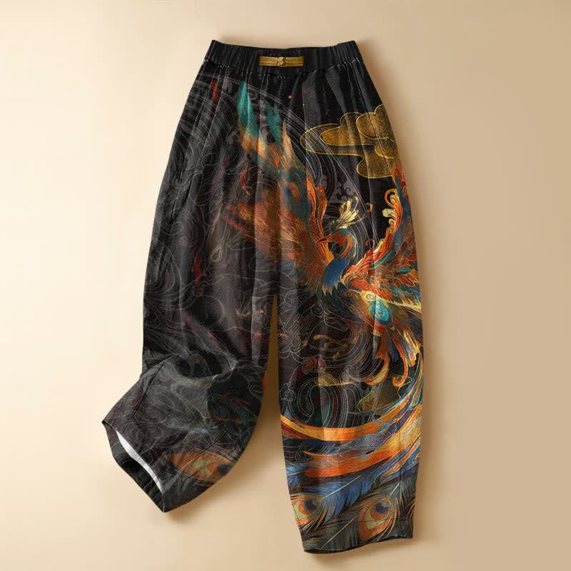Buddha Stones Pure Cotton Royal Phoenix Feather Pattern Frog Button Women's Elastic Waist Harem Pants With Pockets - Black - US16，UK/AU20，EU48 (3XL) - image 0