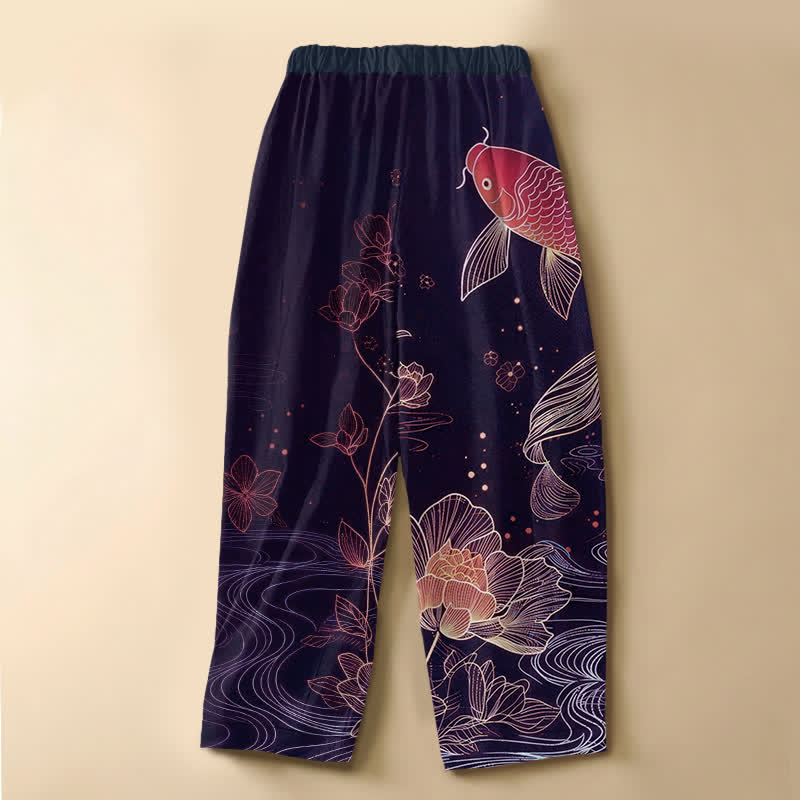 Buddha Stones Pure Cotton Vintage Red Koi Fish Lotus Pattern Frog Button Women's Elastic Waist Harem Pants With Pockets - image 6