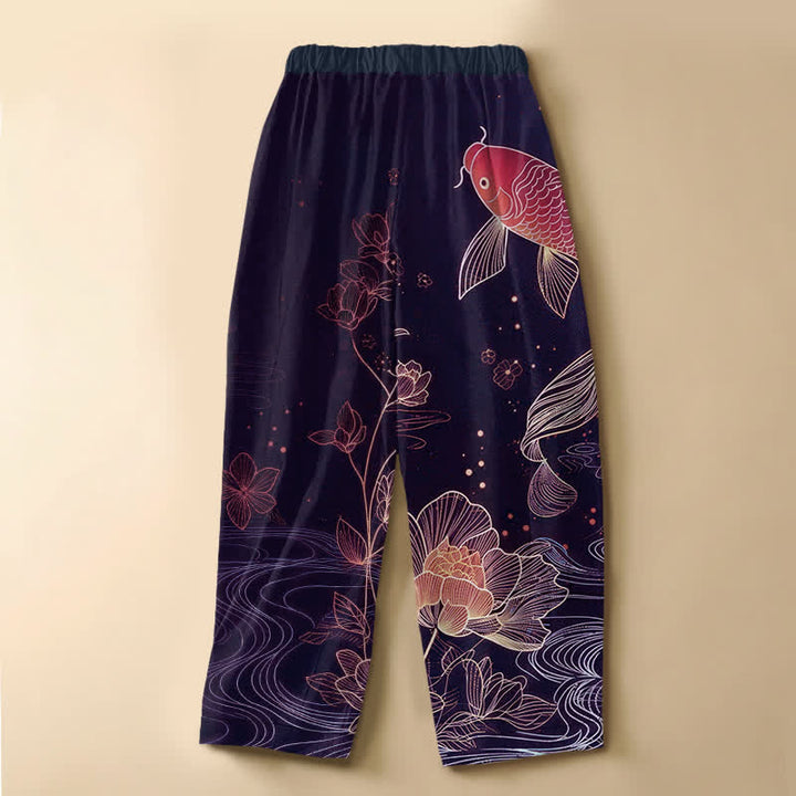 Buddha Stones Pure Cotton Vintage Red Koi Fish Lotus Pattern Frog Button Women's Elastic Waist Harem Pants With Pockets - image 6