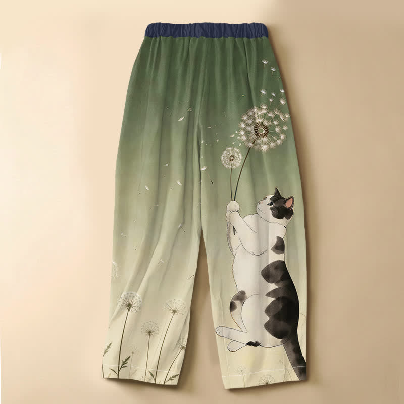 Buddha Stones Pure Cotton Playful Cat Dandelion Pattern Frog Button Women's Elastic Waist Harem Pants With Pockets - image 6