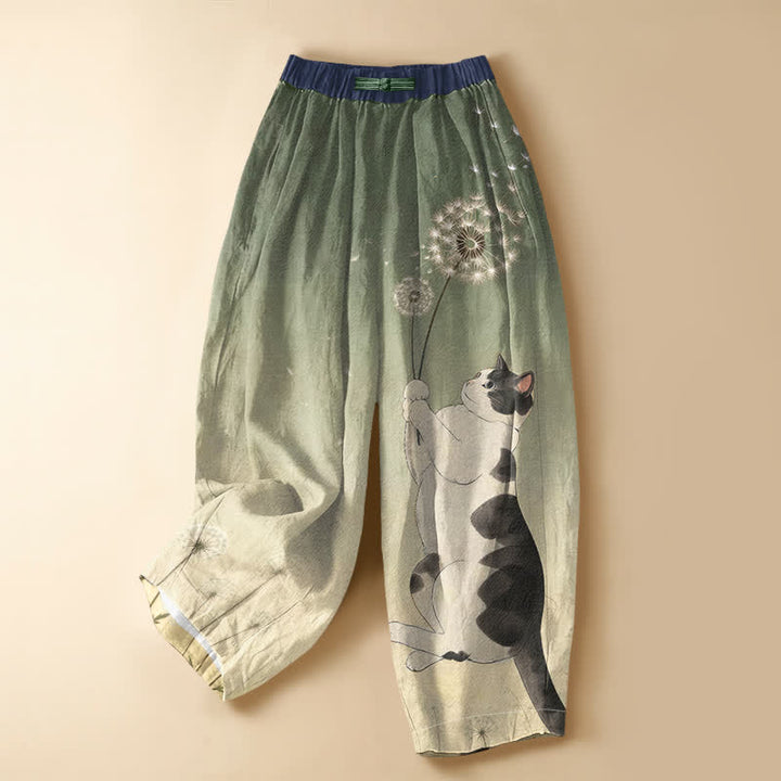 Buddha Stones Pure Cotton Playful Cat Dandelion Pattern Frog Button Women's Elastic Waist Harem Pants With Pockets - OliveDrab - US16，UK/AU20，EU48 (3XL) - image 5