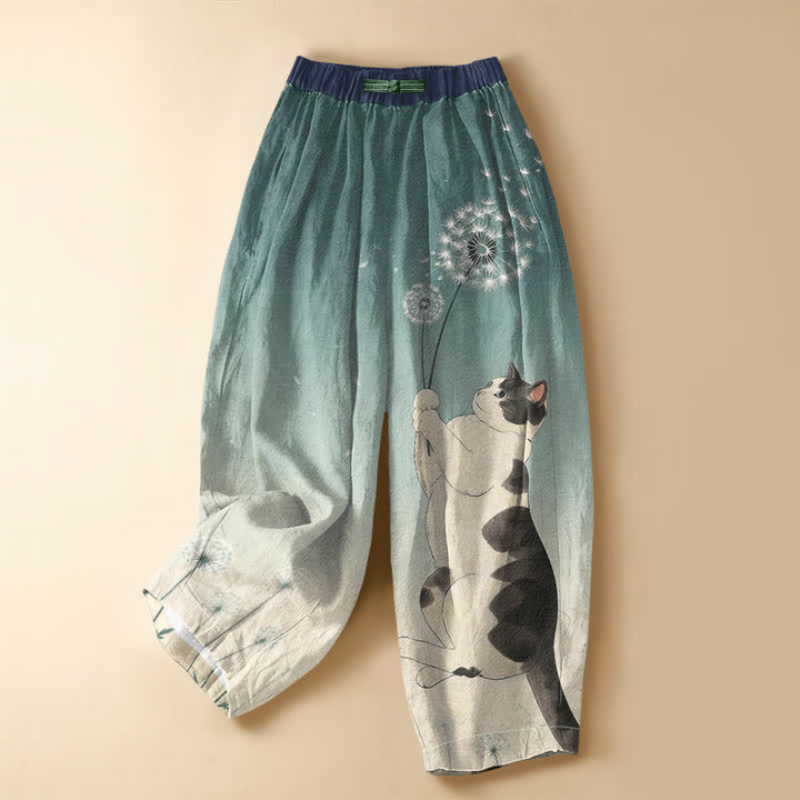 Buddha Stones Pure Cotton Playful Cat Dandelion Pattern Frog Button Women's Elastic Waist Harem Pants With Pockets - Teal - US16，UK/AU20，EU48 (3XL) - image 7