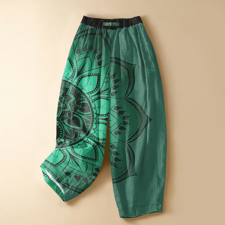 Buddha Stones Pure Cotton Bohemian Mandala Floral Pattern Frog Button Women's Elastic Waist Harem Pants With Pockets - MediumSeaGreen - US16，UK/AU20，EU48 (3XL) - image 5