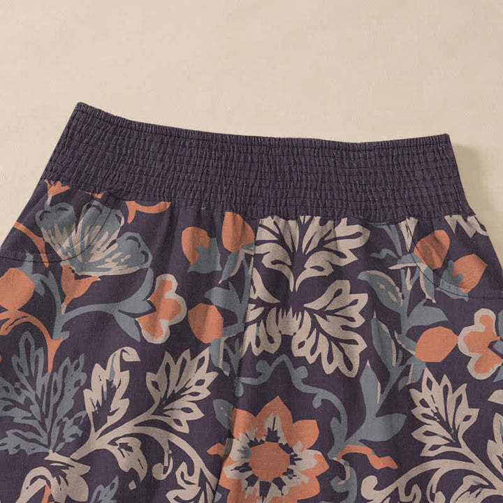 Buddha Stones Cotton Floral Vine Pattern Pleated Elastic Waist Women's Harem Pants With Pockets - image 4
