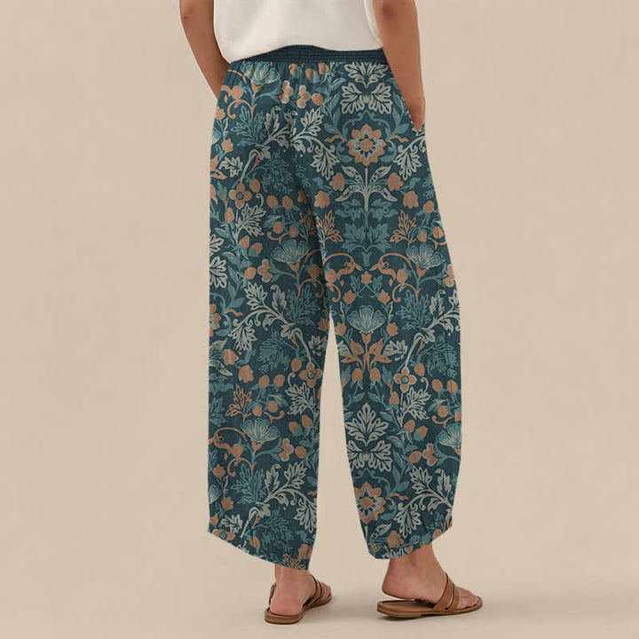 Buddha Stones Cotton Floral Vine Pattern Pleated Elastic Waist Women's Harem Pants With Pockets - image 8