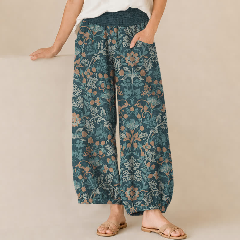 Buddha Stones Cotton Floral Vine Pattern Pleated Elastic Waist Women's Harem Pants With Pockets - Teal - US16，UK/AU20，EU48 (3XL) - image 6