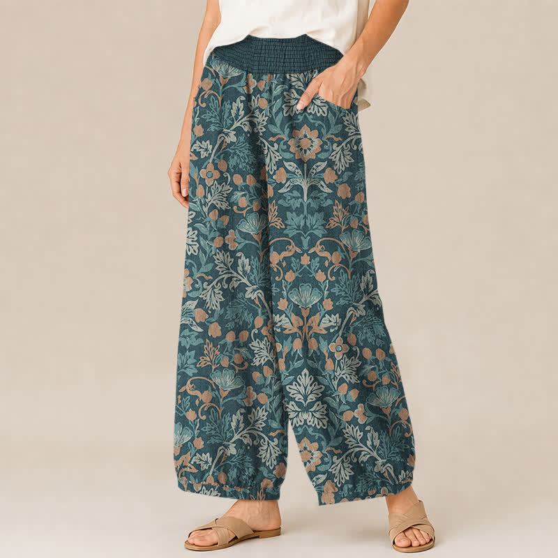 Buddha Stones Cotton Floral Vine Pattern Pleated Elastic Waist Women's Harem Pants With Pockets - image 7