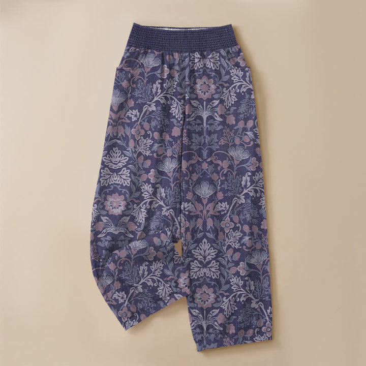 Buddha Stones Cotton Floral Vine Pattern Pleated Elastic Waist Women's Harem Pants With Pockets - image 13