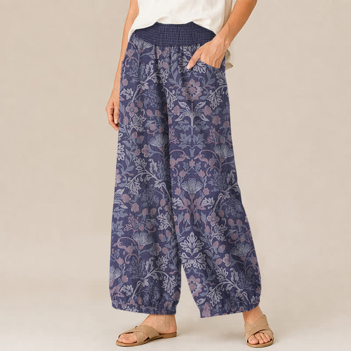 Buddha Stones Cotton Floral Vine Pattern Pleated Elastic Waist Women's Harem Pants With Pockets - image 11
