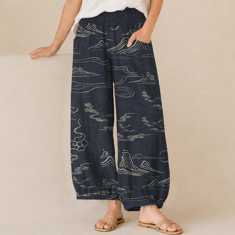 Buddha Stones Cotton Mountain Moon Auspicious Clouds Pattern Pleated Elastic Waist Women's Harem Pants With Pockets - Black - US16，UK/AU20，EU48 (3XL) - image 0