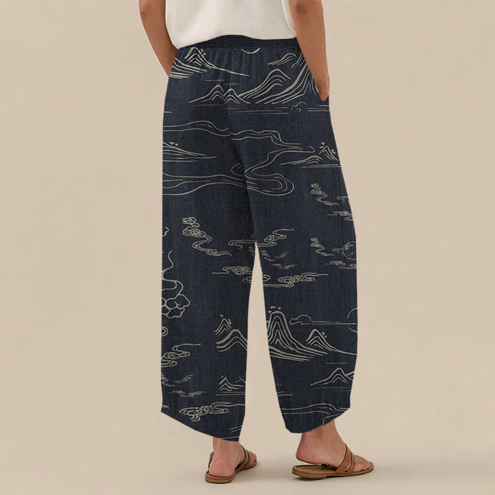 Buddha Stones Cotton Mountain Moon Auspicious Clouds Pattern Pleated Elastic Waist Women's Harem Pants With Pockets - image 2