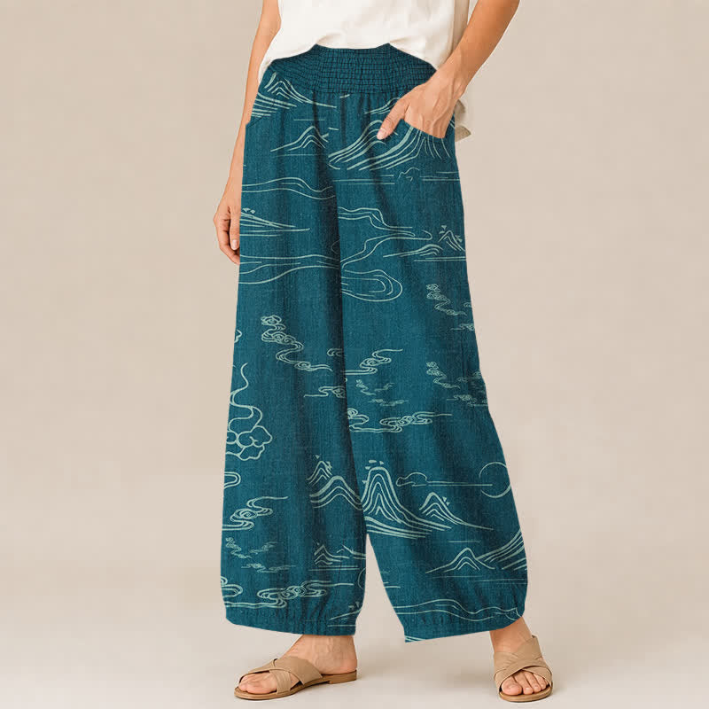 Buddha Stones Cotton Mountain Moon Auspicious Clouds Pattern Pleated Elastic Waist Women's Harem Pants With Pockets - image 11