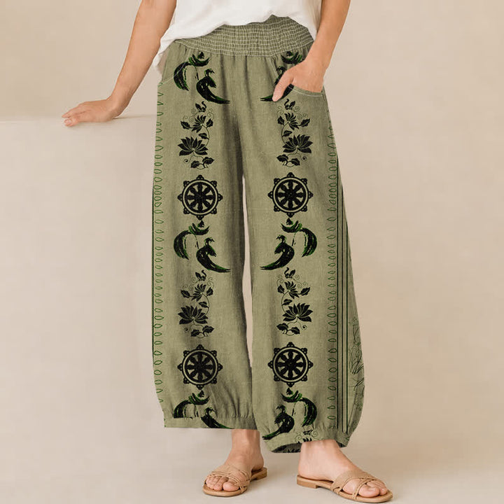 Buddha Stones Cotton Dharma Wheel Lotus OM Pattern Pleated Elastic Waist Women's Harem Pants With Pockets - OliveDrab - US16，UK/AU20，EU48 (3XL) - image 10