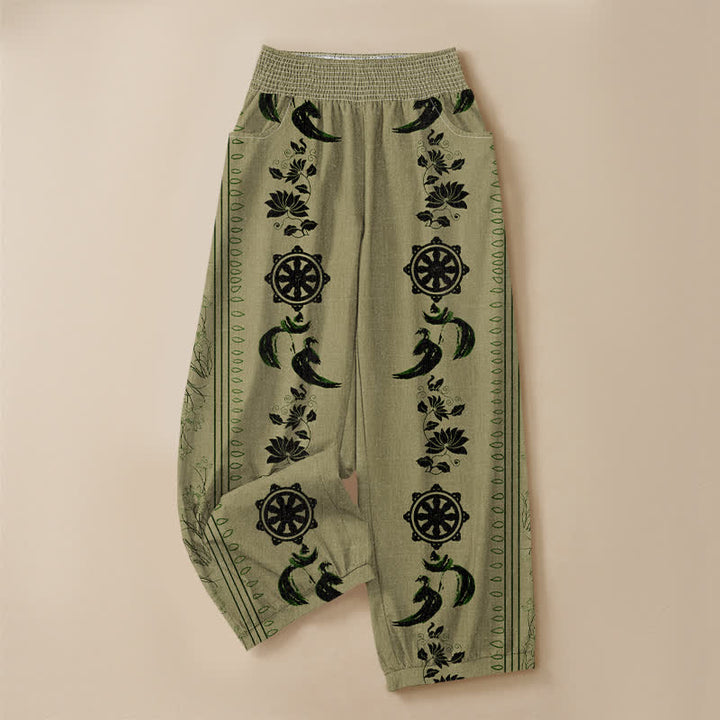 Buddha Stones Cotton Dharma Wheel Lotus OM Pattern Pleated Elastic Waist Women's Harem Pants With Pockets - image 13