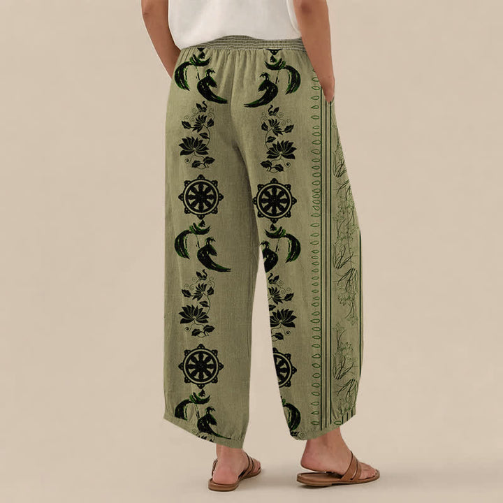 Buddha Stones Cotton Dharma Wheel Lotus OM Pattern Pleated Elastic Waist Women's Harem Pants With Pockets - image 12