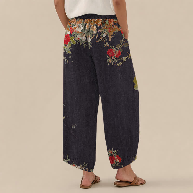 Buddha Stones Cotton Bohemian Red Floral Pattern Pleated Elastic Waist Women's Harem Pants With Pockets - image 2