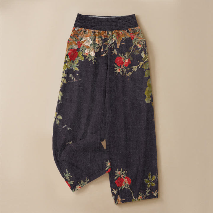 Buddha Stones Cotton Bohemian Red Floral Pattern Pleated Elastic Waist Women's Harem Pants With Pockets - image 3