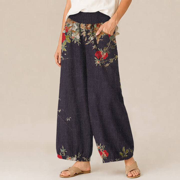 Buddha Stones Cotton Bohemian Red Floral Pattern Pleated Elastic Waist Women's Harem Pants With Pockets - image 1