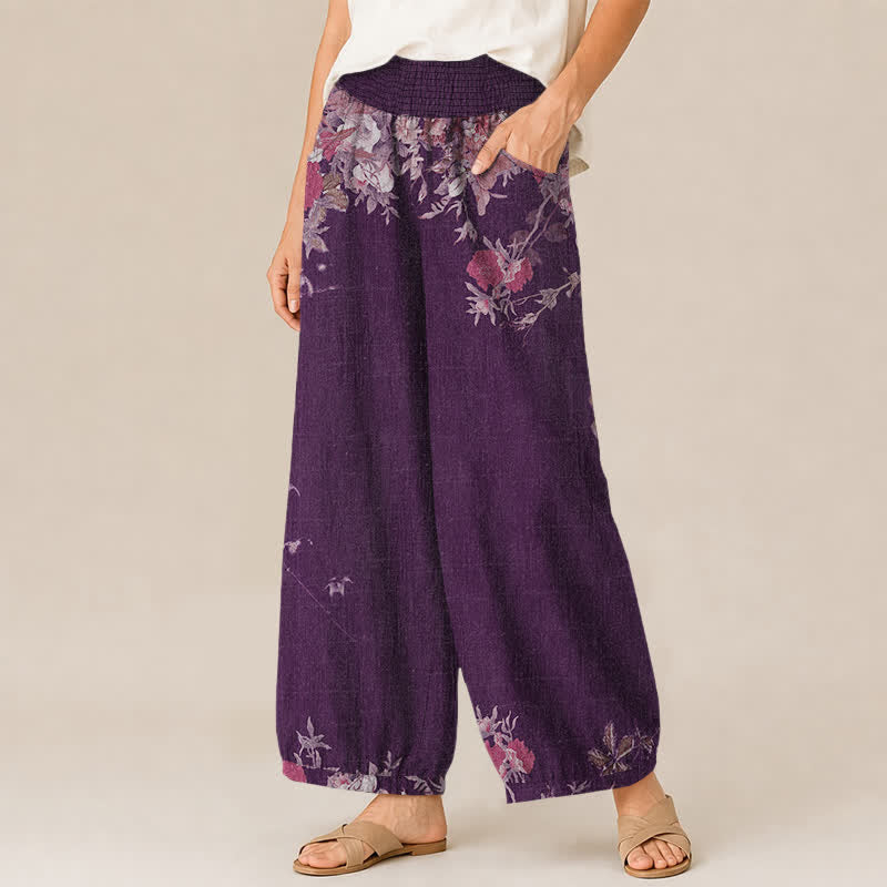 Buddha Stones Cotton Bohemian Red Floral Pattern Pleated Elastic Waist Women's Harem Pants With Pockets - image 7