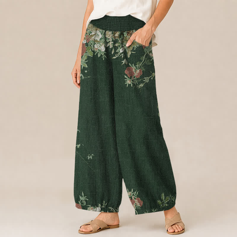 Buddha Stones Cotton Bohemian Red Floral Pattern Pleated Elastic Waist Women's Harem Pants With Pockets - image 11