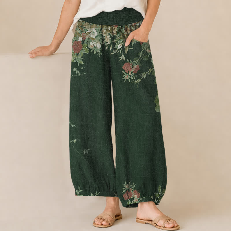 Buddha Stones Cotton Bohemian Red Floral Pattern Pleated Elastic Waist Women's Harem Pants With Pockets - ForestGreen - US16，UK/AU20，EU48 (3XL) - image 10