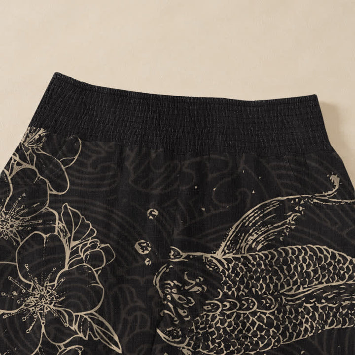 Buddha Stones Cotton Vintage Koi Fish Floral Pattern Pleated Elastic Waist Women's Harem Pants With Pockets - image 4
