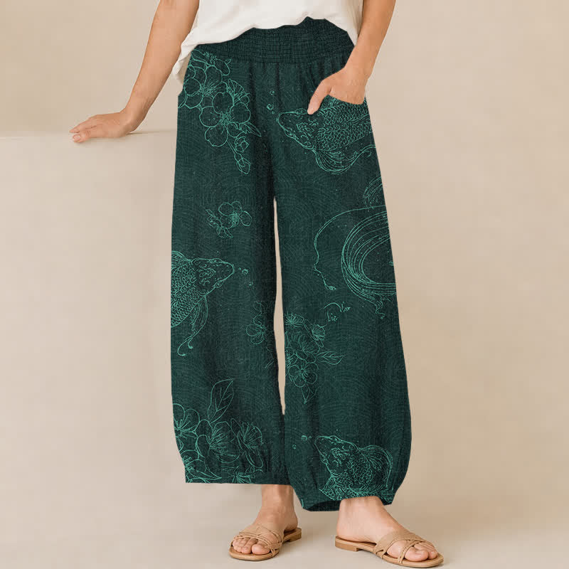 Buddha Stones Cotton Vintage Koi Fish Floral Pattern Pleated Elastic Waist Women's Harem Pants With Pockets - Teal - US16，UK/AU20，EU48 (3XL) - image 6