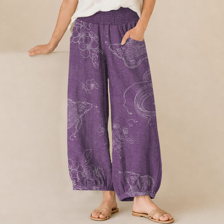 Buddha Stones Cotton Vintage Koi Fish Floral Pattern Pleated Elastic Waist Women's Harem Pants With Pockets - Plum - US16，UK/AU20，EU48 (3XL) - image 10