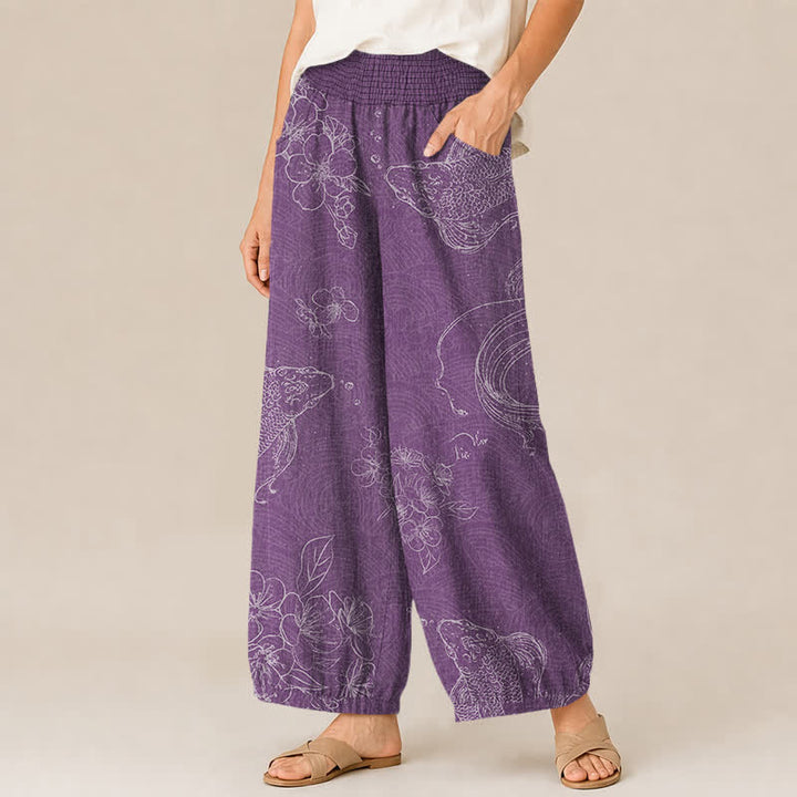 Buddha Stones Cotton Vintage Koi Fish Floral Pattern Pleated Elastic Waist Women's Harem Pants With Pockets - image 11