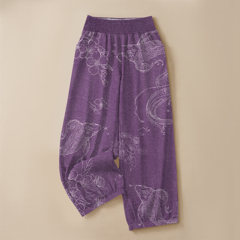 Buddha Stones Cotton Vintage Koi Fish Floral Pattern Pleated Elastic Waist Women's Harem Pants With Pockets - image 13
