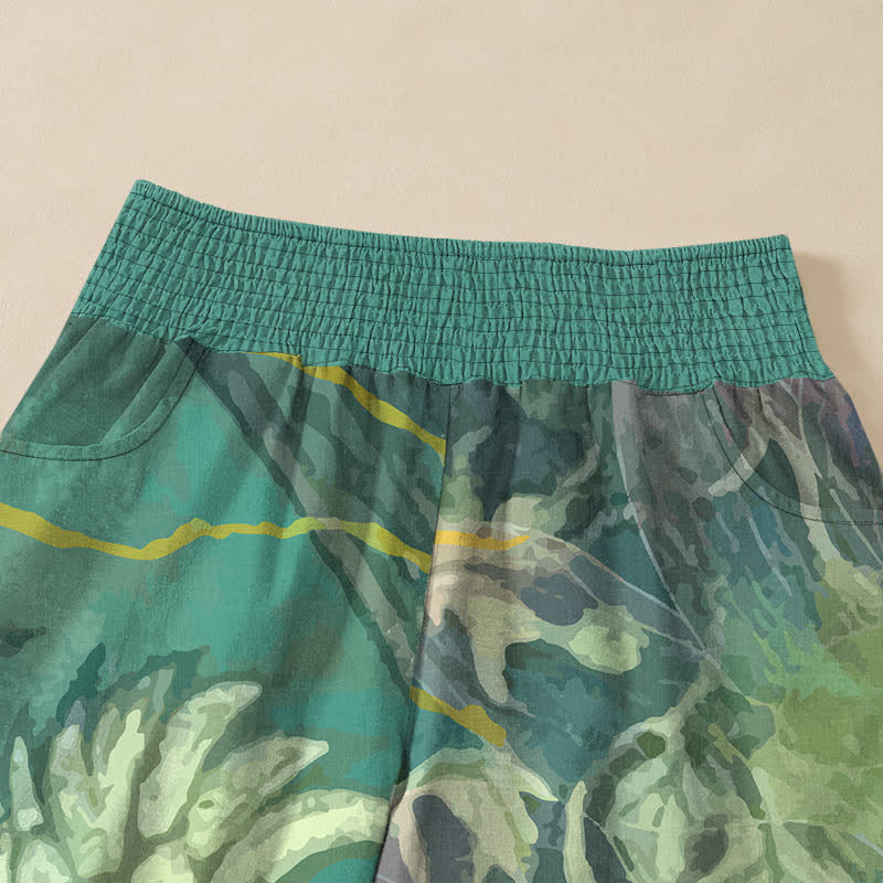 Buddha Stones Cotton White Lotus Bloom Pattern Pleated Elastic Waist Women's Harem Pants With Pockets - image 4