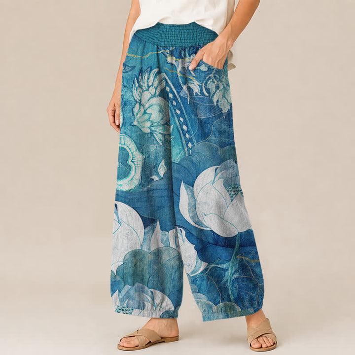 Buddha Stones Cotton White Lotus Bloom Pattern Pleated Elastic Waist Women's Harem Pants With Pockets - image 7