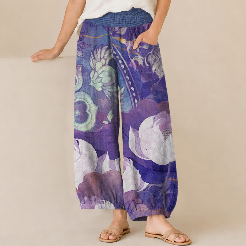 Buddha Stones Cotton White Lotus Bloom Pattern Pleated Elastic Waist Women's Harem Pants With Pockets - BlueViolet - US16，UK/AU20，EU48 (3XL) - image 10