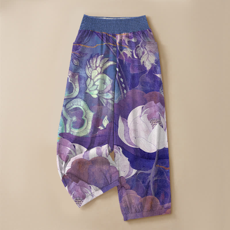 Buddha Stones Cotton White Lotus Bloom Pattern Pleated Elastic Waist Women's Harem Pants With Pockets - image 13