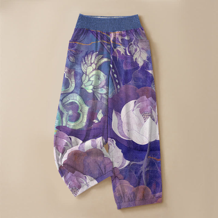 Buddha Stones Cotton White Lotus Bloom Pattern Pleated Elastic Waist Women's Harem Pants With Pockets - image 13