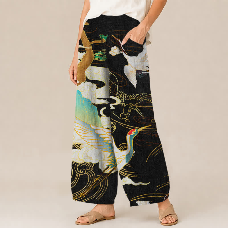 Buddha Stones Cotton Oriental Flying Crane Clouds Pattern Pleated Elastic Waist Women's Harem Pants With Pockets - image 1