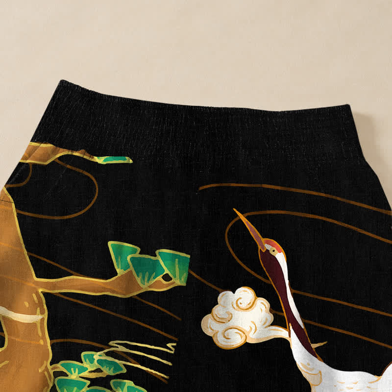 Buddha Stones Cotton Oriental Flying Crane Clouds Pattern Pleated Elastic Waist Women's Harem Pants With Pockets - image 4