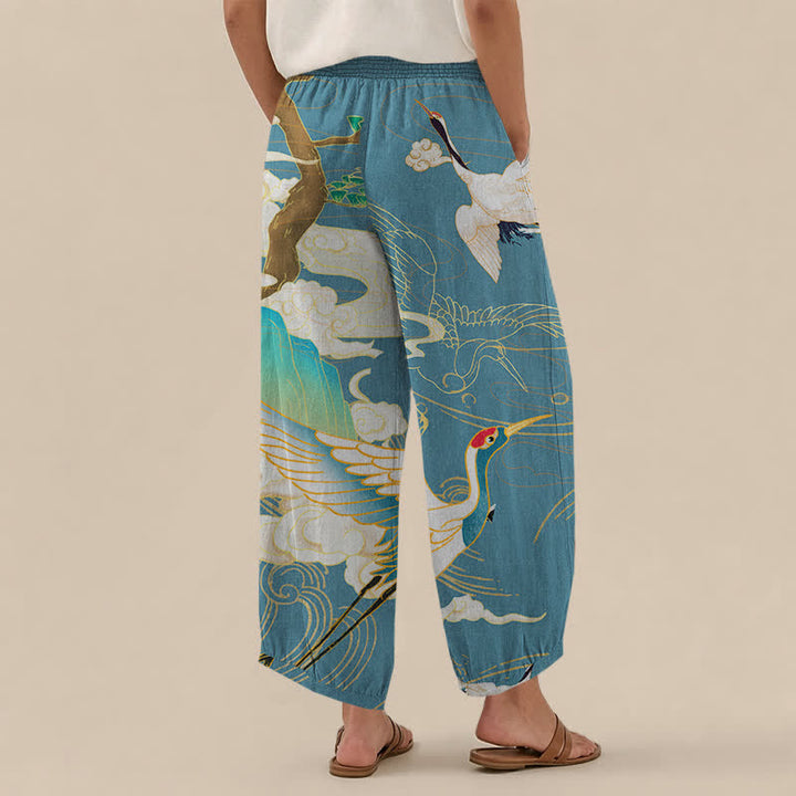 Buddha Stones Cotton Oriental Flying Crane Clouds Pattern Pleated Elastic Waist Women's Harem Pants With Pockets - image 8