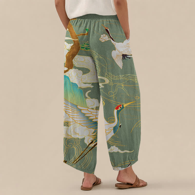 Buddha Stones Cotton Oriental Flying Crane Clouds Pattern Pleated Elastic Waist Women's Harem Pants With Pockets - image 12