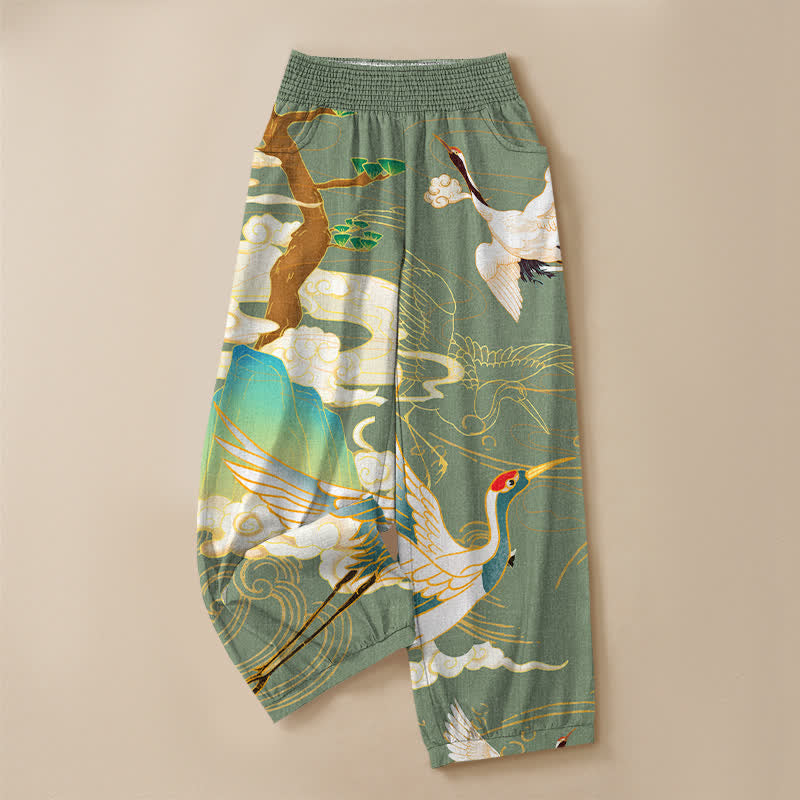 Buddha Stones Cotton Oriental Flying Crane Clouds Pattern Pleated Elastic Waist Women's Harem Pants With Pockets - image 13