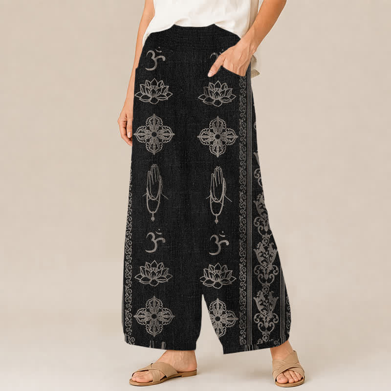 Buddha Stones Cotton Lotus Double Dorje Vajra Namaste Om Pattern Pleated Elastic Waist Women's Harem Pants With Pockets - image 1