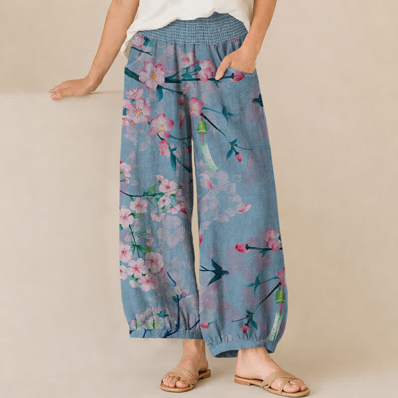 Buddha Stones Cotton Sakura Blossom Pattern Pleated Elastic Waist Women's Harem Pants With Pockets - LightBlue - US16，UK/AU20，EU48 (3XL) - image 10